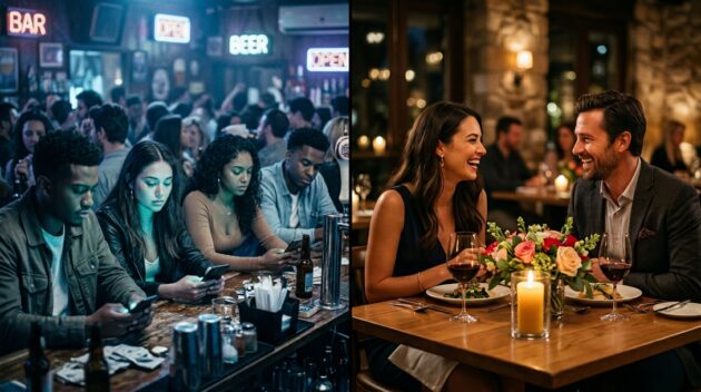 Rozdelená kompozícia lifestylovej fotografie. Ľavá strana: preplnený hlučný bar s ľuďmi na telefónoch, ktorí vyzerajú znudene. Pravá strana: elegantný súkromný jedálenský stôl pre dvoch so sviečkami, pohármi na víno a čerstvými kvetmi. Kontrast teplých a studených tónov. Nálada ukazuje dva rôzne svety randenia. Filmové osvetlenie, malá hĺbka ostrosti. Žiadny text, žiadne logá. Hlavička redakčného blogu. Pomer strán 16:9.