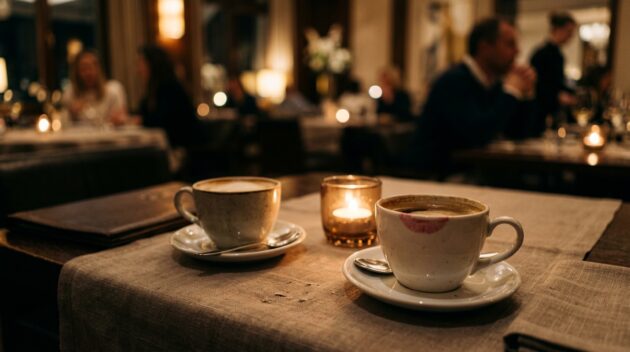 Filmová fotografia. Dve šálky kávy na elegantnom reštauračnom stole, jedna so stopou po rúži na okraji. Jemné svetlo sviečok, rozmazaný interiér reštaurácie v pozadí. Teplé intímne tóny, malá hĺbka ostrosti. Nálada je očakávanie, elegancia a náznak nervozity. Žiadny text, žiadne logá. Hlavička redakčného blogu. Pomer strán 16:9.