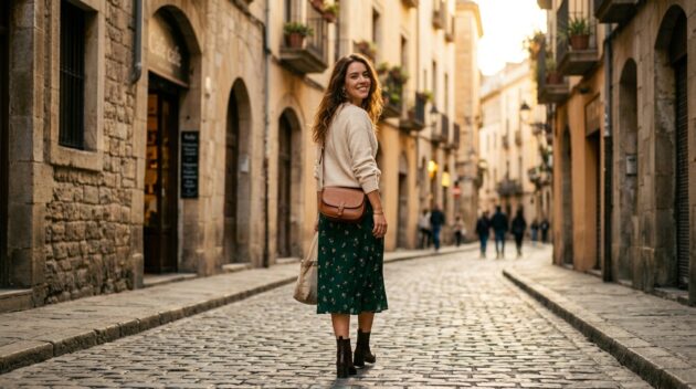 Filmová portrétna fotografia. Sebavedomá mladá žena v štýlovom oblečení kráčajúca ulicou európskeho starého mesta, obzerajúca sa cez plece s jemným úsmevom. Osvetlenie v zlatej hodine, teplé tóny, dláždená ulica s rozmazanými historickými budovami v pozadí. Nálada je sebavedomá, elegantná a slobodomyseľná. Žiadny text, žiadne logá. Hlavička redakčného lifestylového blogu. Pomer strán 16:9.