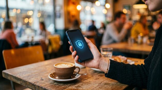 Konceptuálna lifestylová fotografia. Ženská ruka drží smartfón so žiariacou ikonou zámku na obrazovke, sedí pri stole v kaviarni. Jemné bokeh svetlá v pozadí. Nálada je opatrná, ale zároveň silná. Teplé tóny s chladným modrým akcentom z obrazovky telefónu. Čistá, moderná kompozícia. Žiadny text, žiadne logá. Hlavička redakčného blogu. Pomer strán 16:9.